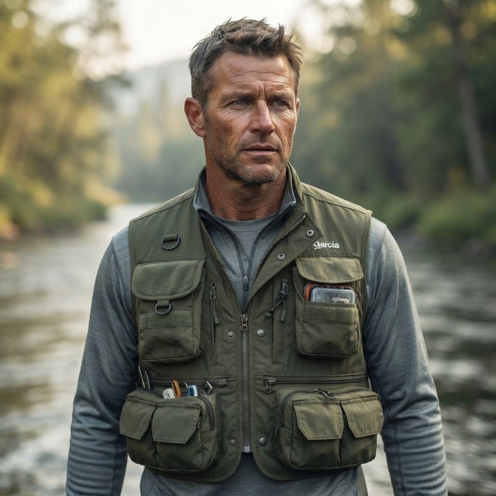 Garcia Fishing Vest Mens S/M Olive Green Good Utility Multi-Pocket Fly Patch